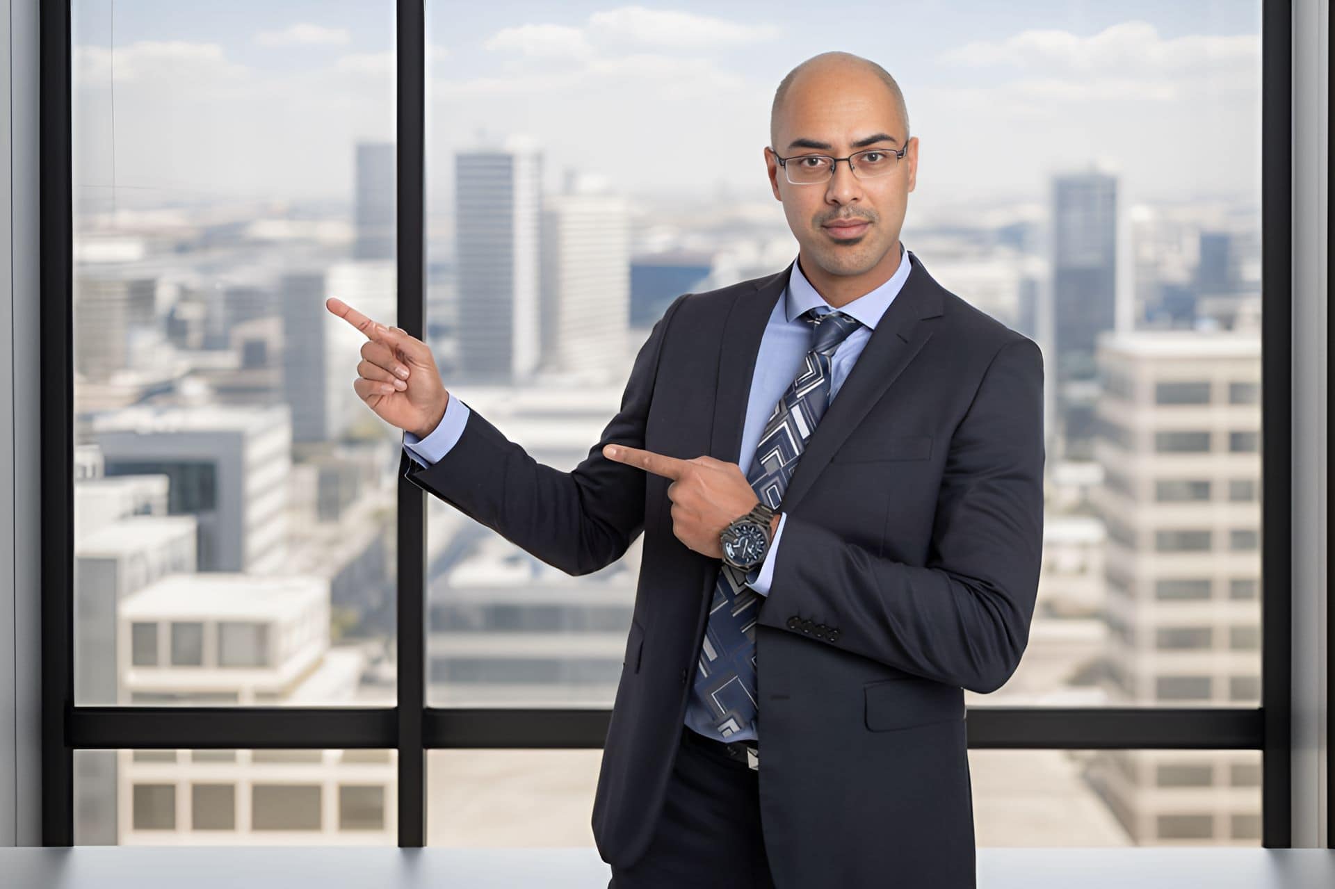 Businessman in suit pointing in office.