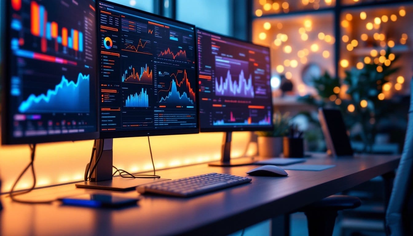 Bureau moderne avec des écrans affichant des visualisations de données et des algorithmes