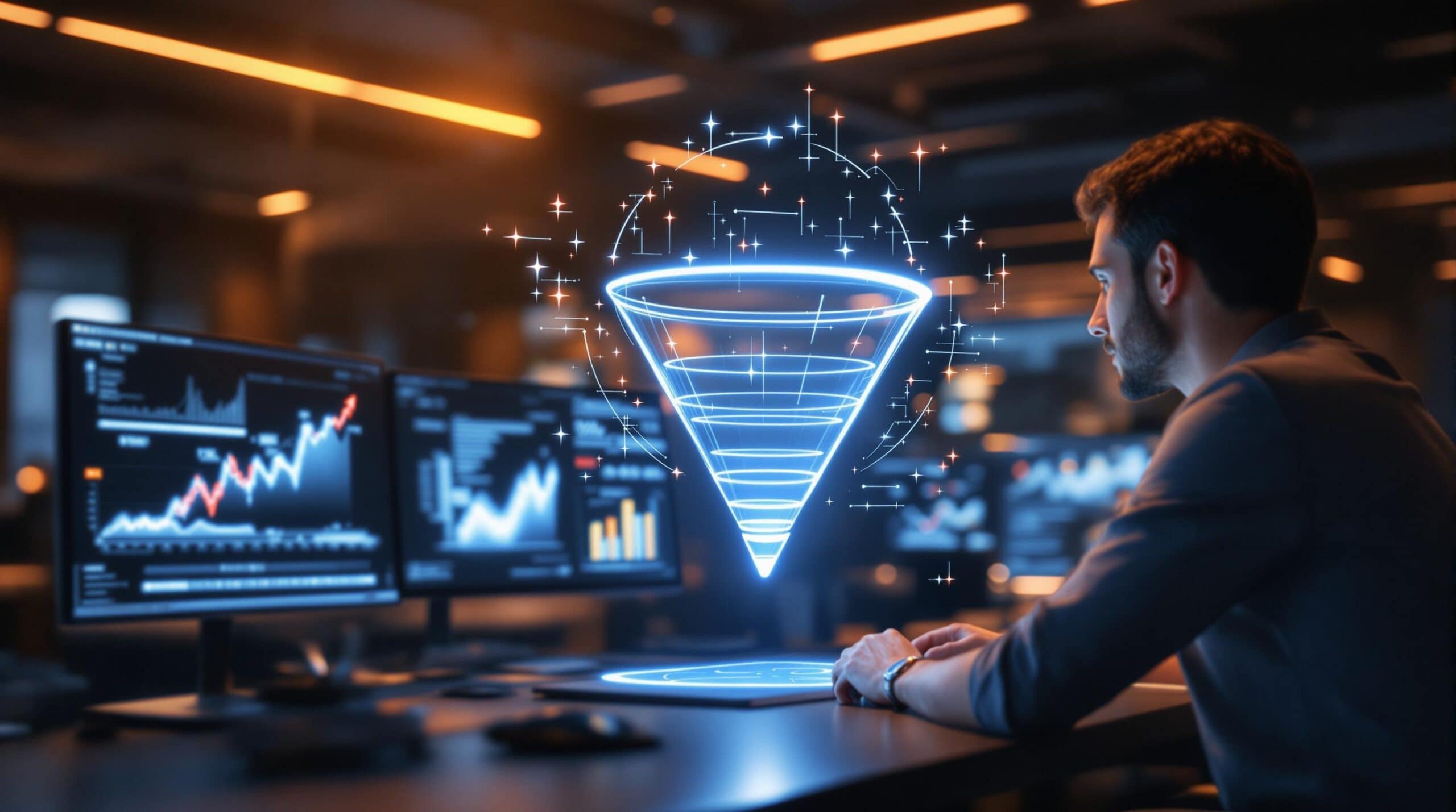 Homme analysant données numériques et entonnoir digital lumineux.