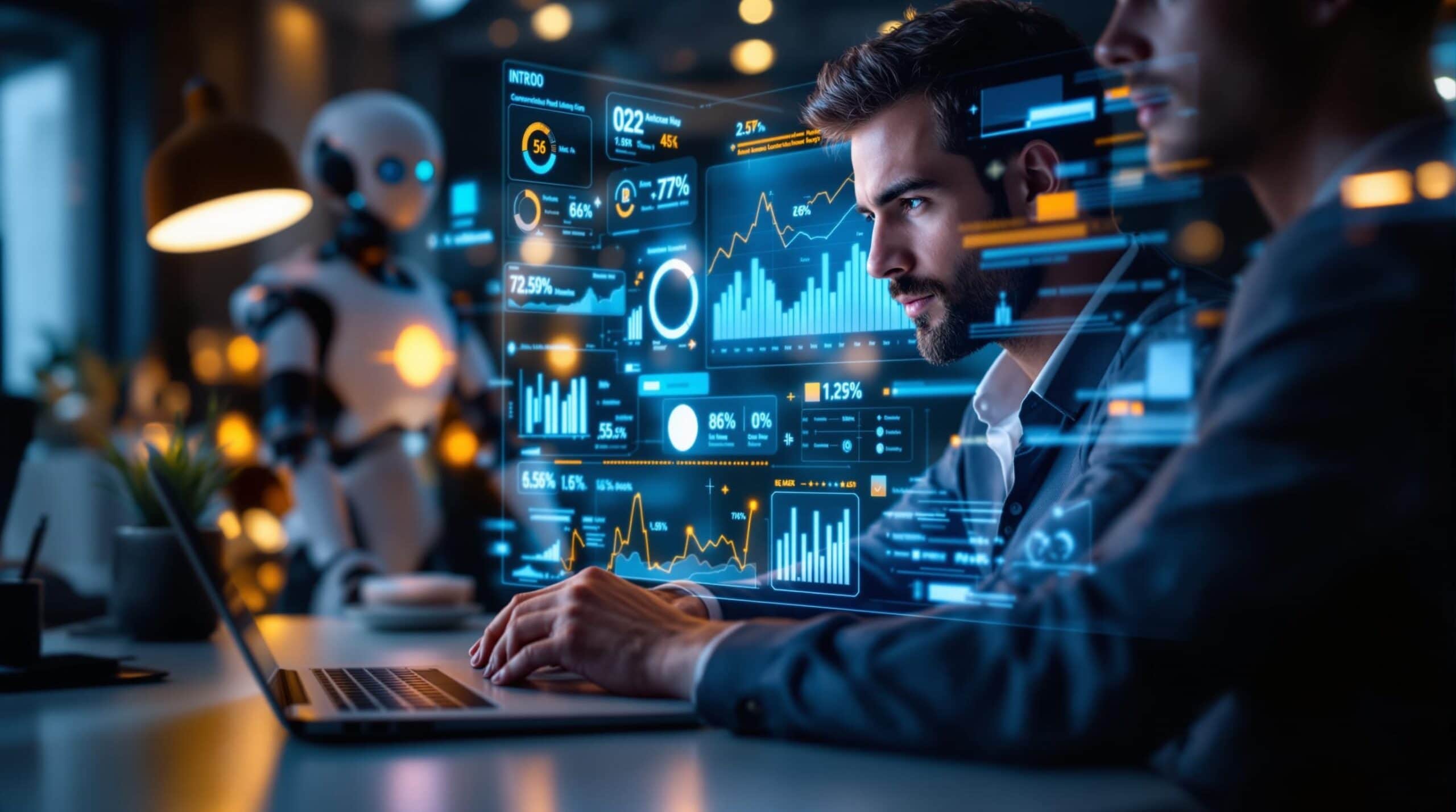 Homme travaille sur ordinateur avec données analytiques.