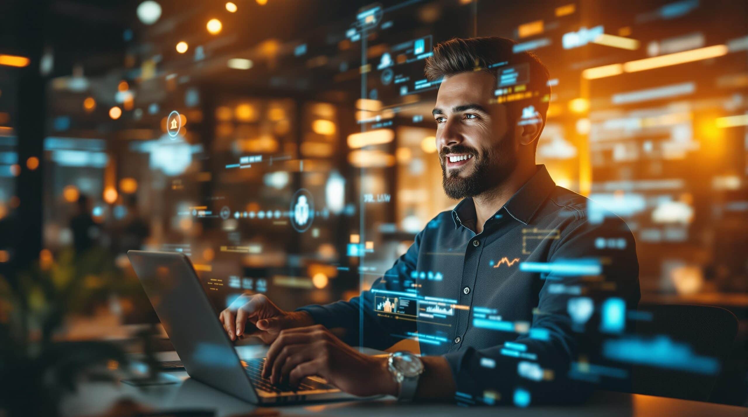 Homme souriant travaillant sur ordinateur avec graphiques numériques
