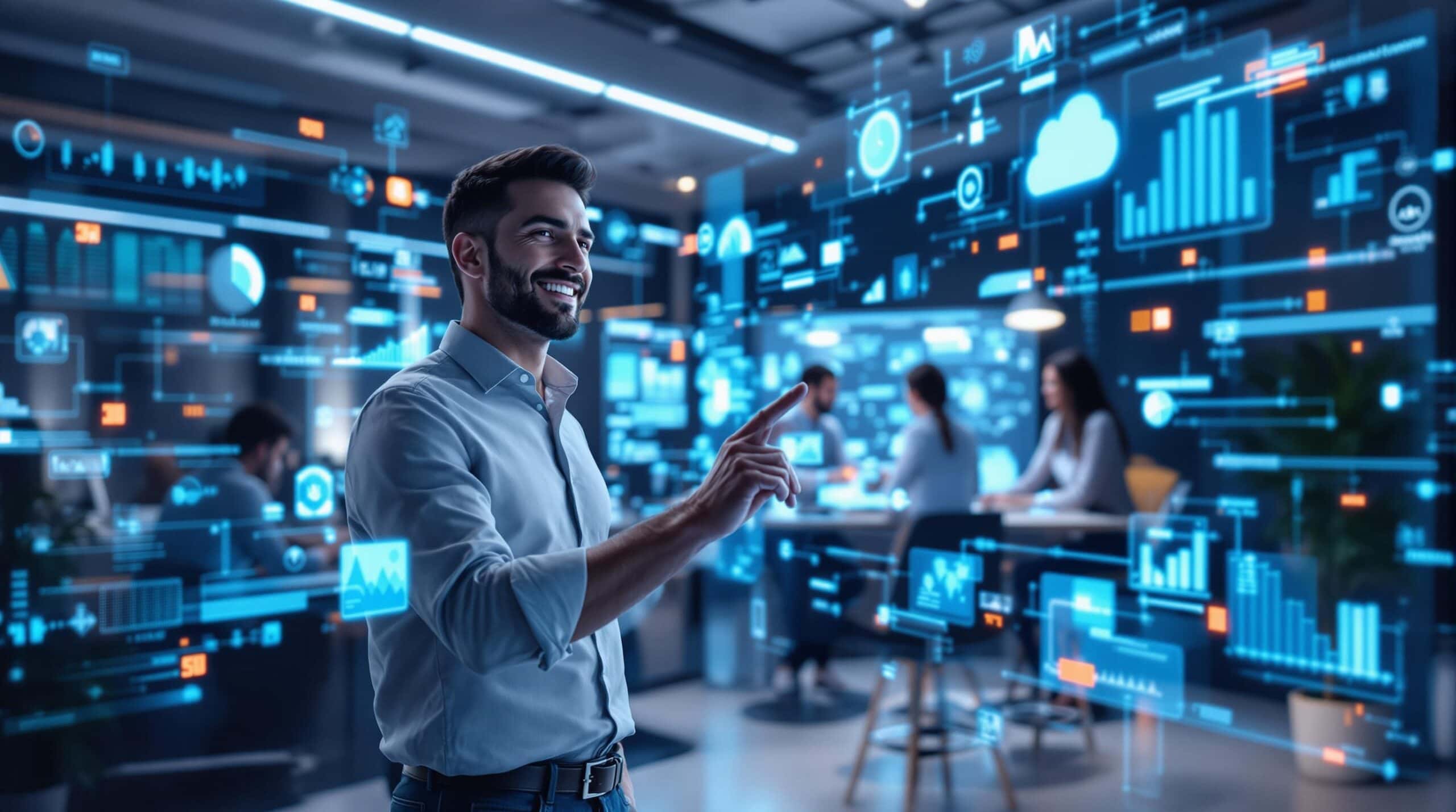 Homme interagissant avec écran numérique futuriste au bureau.
