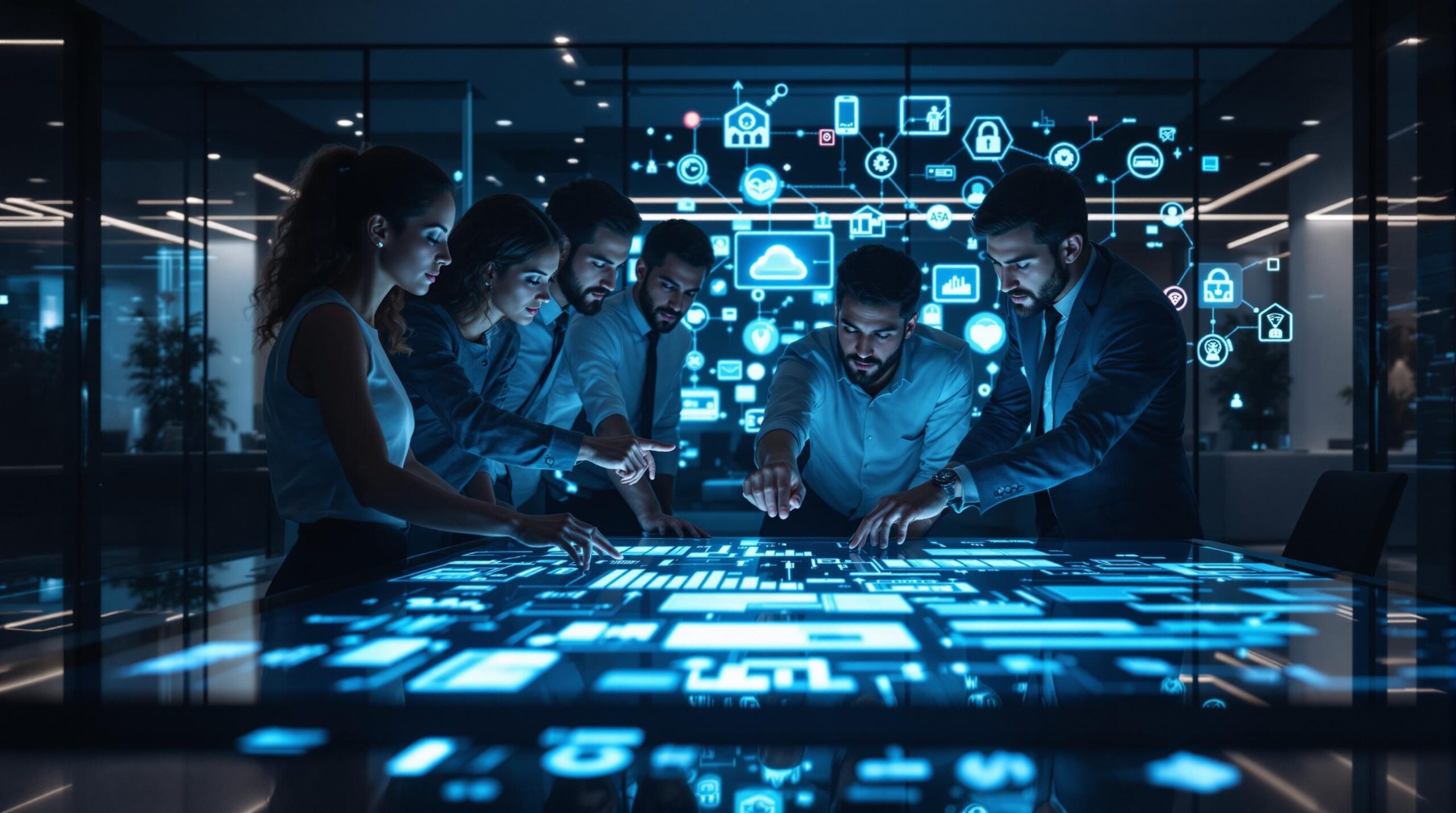 Équipe autour d'une table technologique lumineuse.