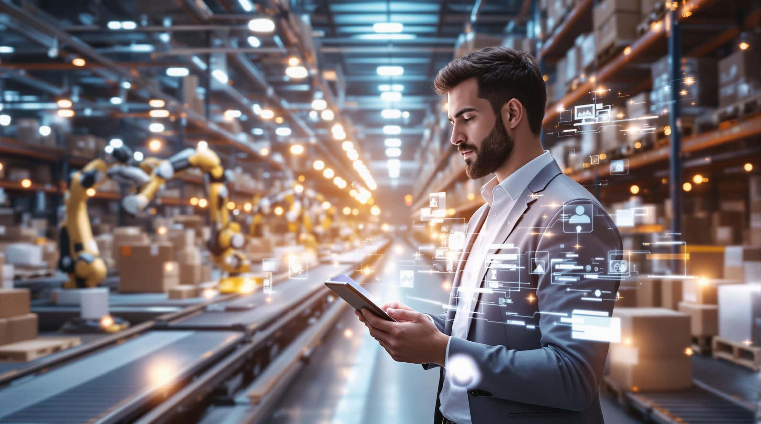Homme utilisant tablette dans un entrepôt automatisé.