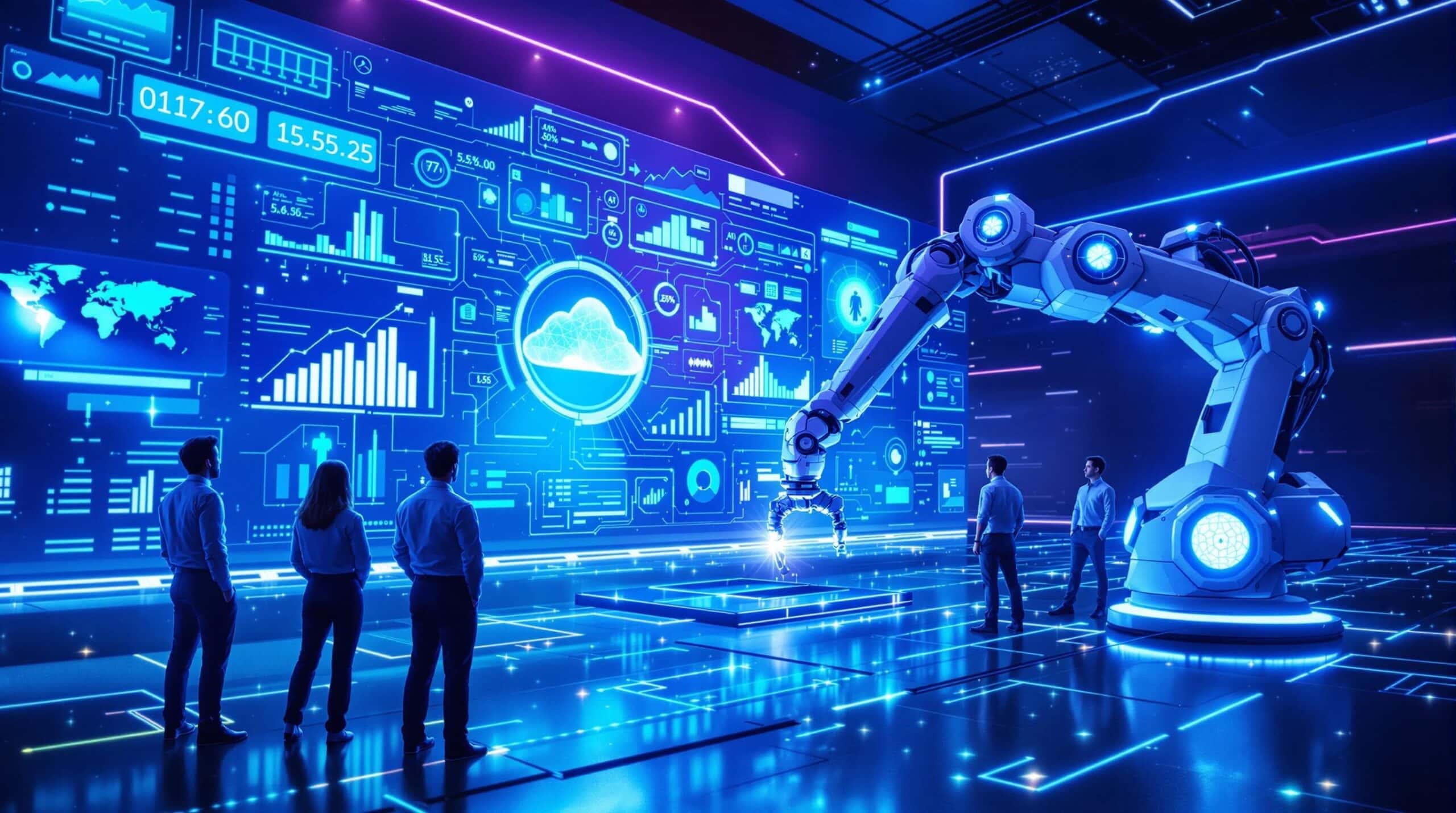 Salle futuriste avec écran et bras robotisé