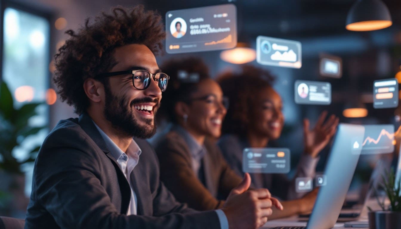 Smiling professionals working on futuristic tech interfaces.